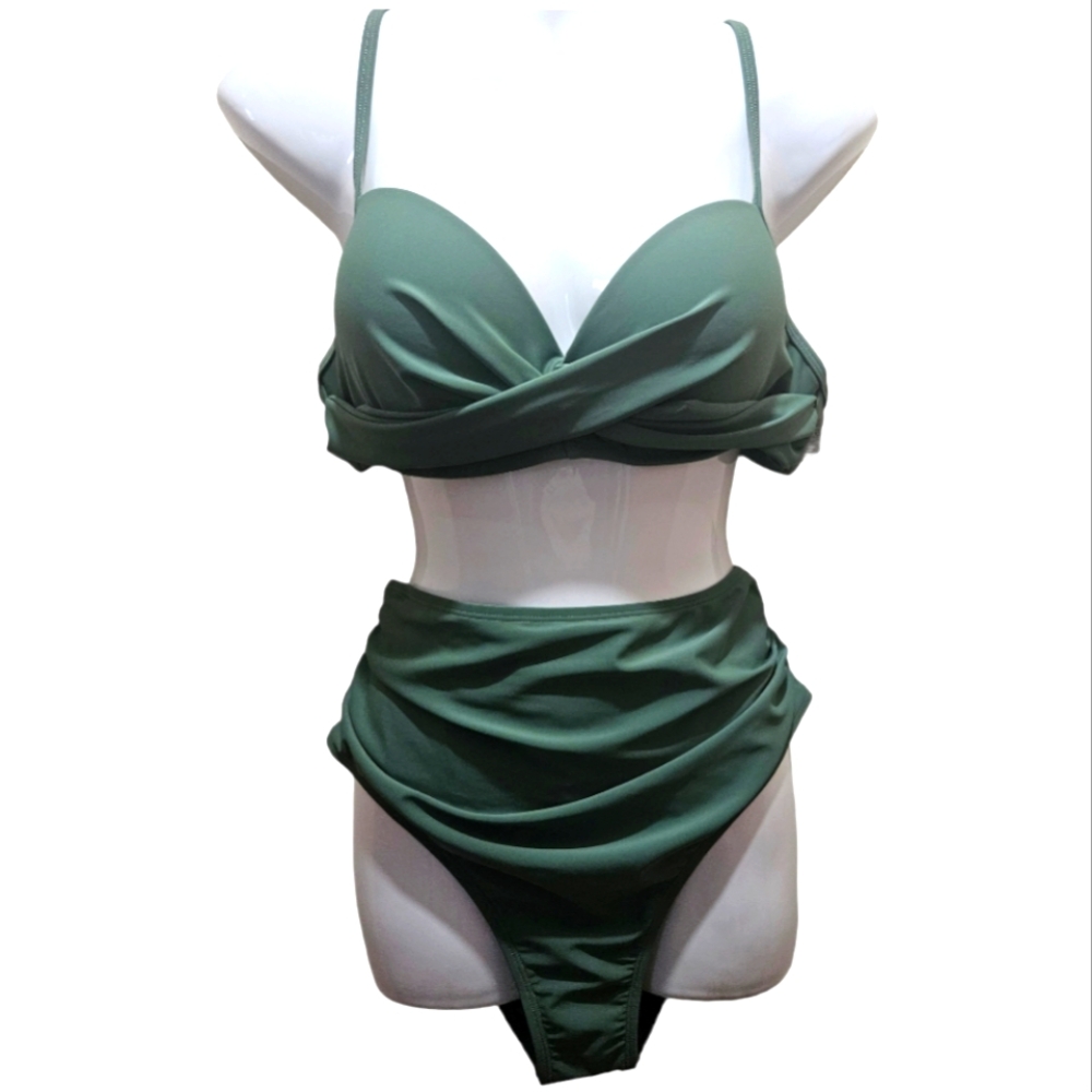 Cupshe Two Piece Swimsuit High Waisted V Neck Twist Front Adjustable Strap L